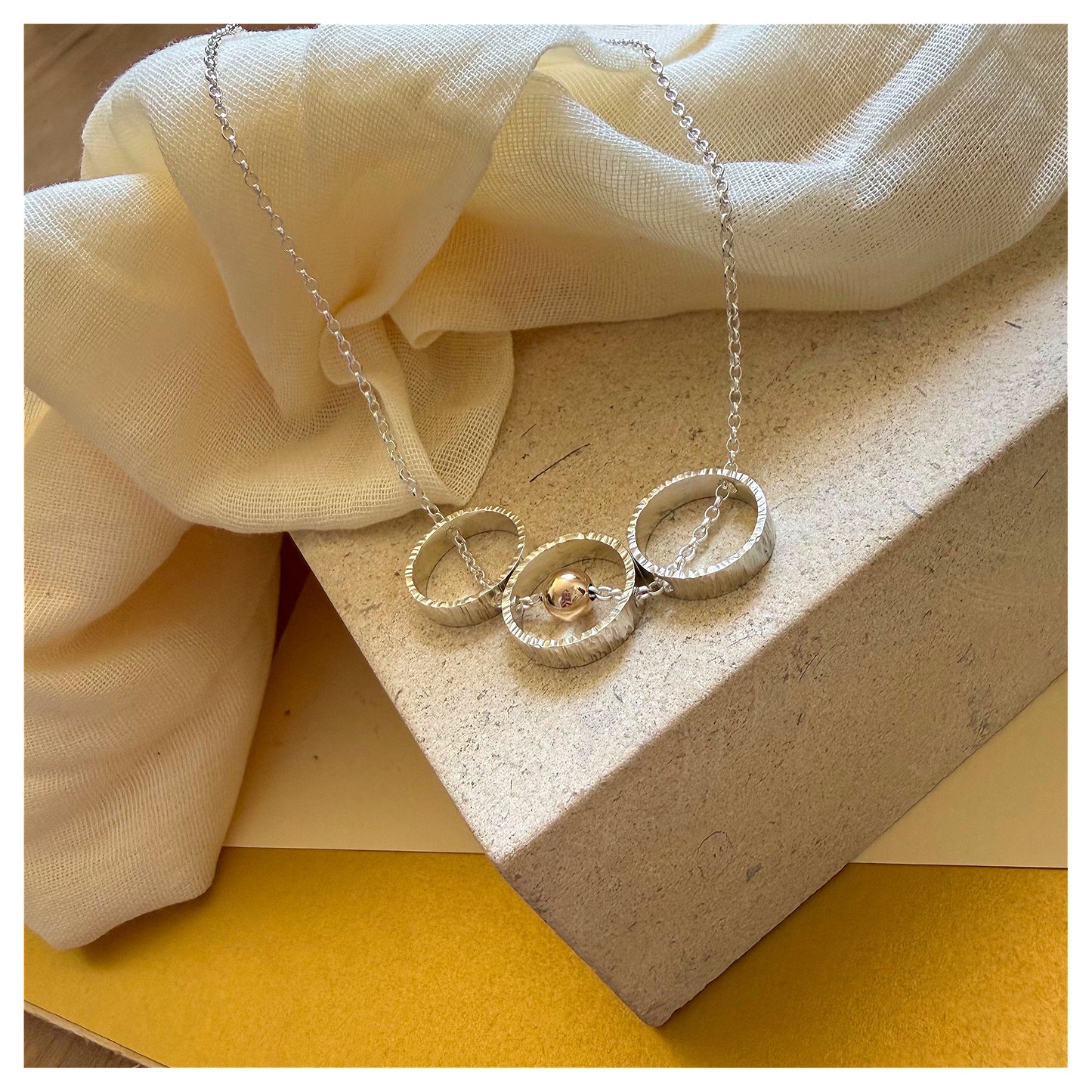 9ct Yellow Gold and Sterling Silver Mini Triple Circle and Bead Necklace