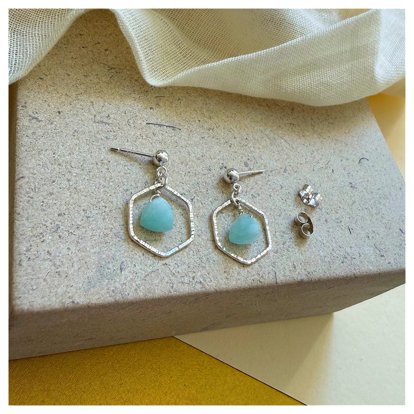 Sterling Silver Hammered Hexagonal Amazonite Drop earrings.