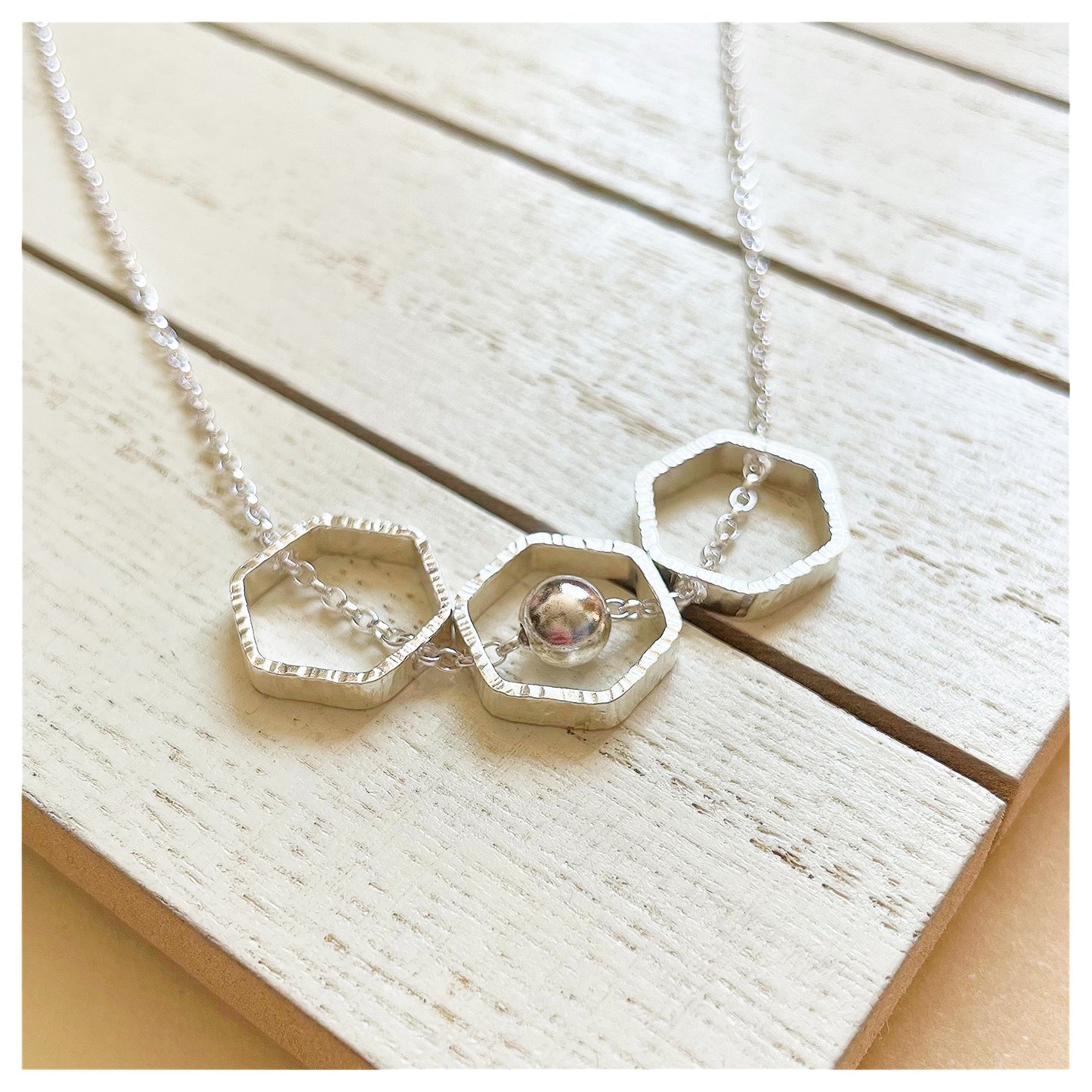 Sterling Silver Triple Hexagon Necklace with Bead.