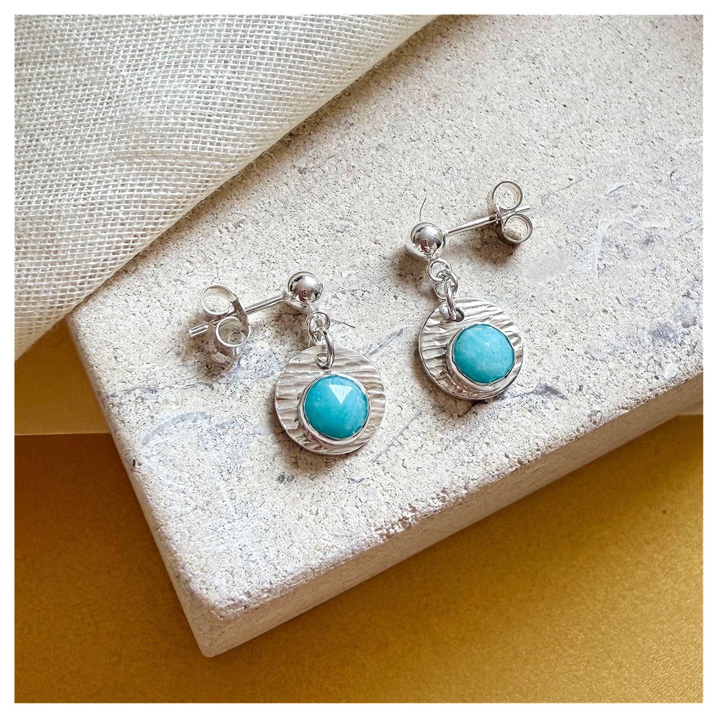 Sterling Silver Textured Amazonite Gemstone Drop  Earrings.