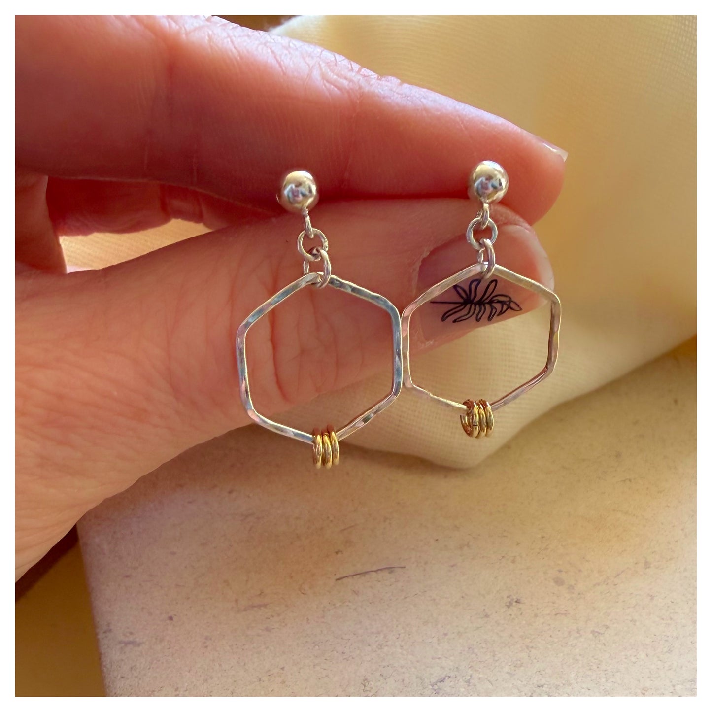 Mini Sterling Silver and 9ct Yellow Gold Detail Hammered Hexagonal Drop Stud Earrings.