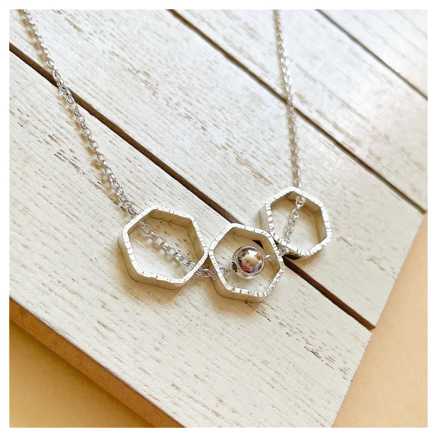 Sterling Silver Triple Hexagon Necklace with Bead.