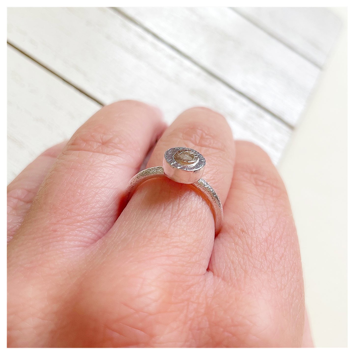 Sterling Silver Mini Textured Donut Ring With 9ct Yellow Gold Halo.