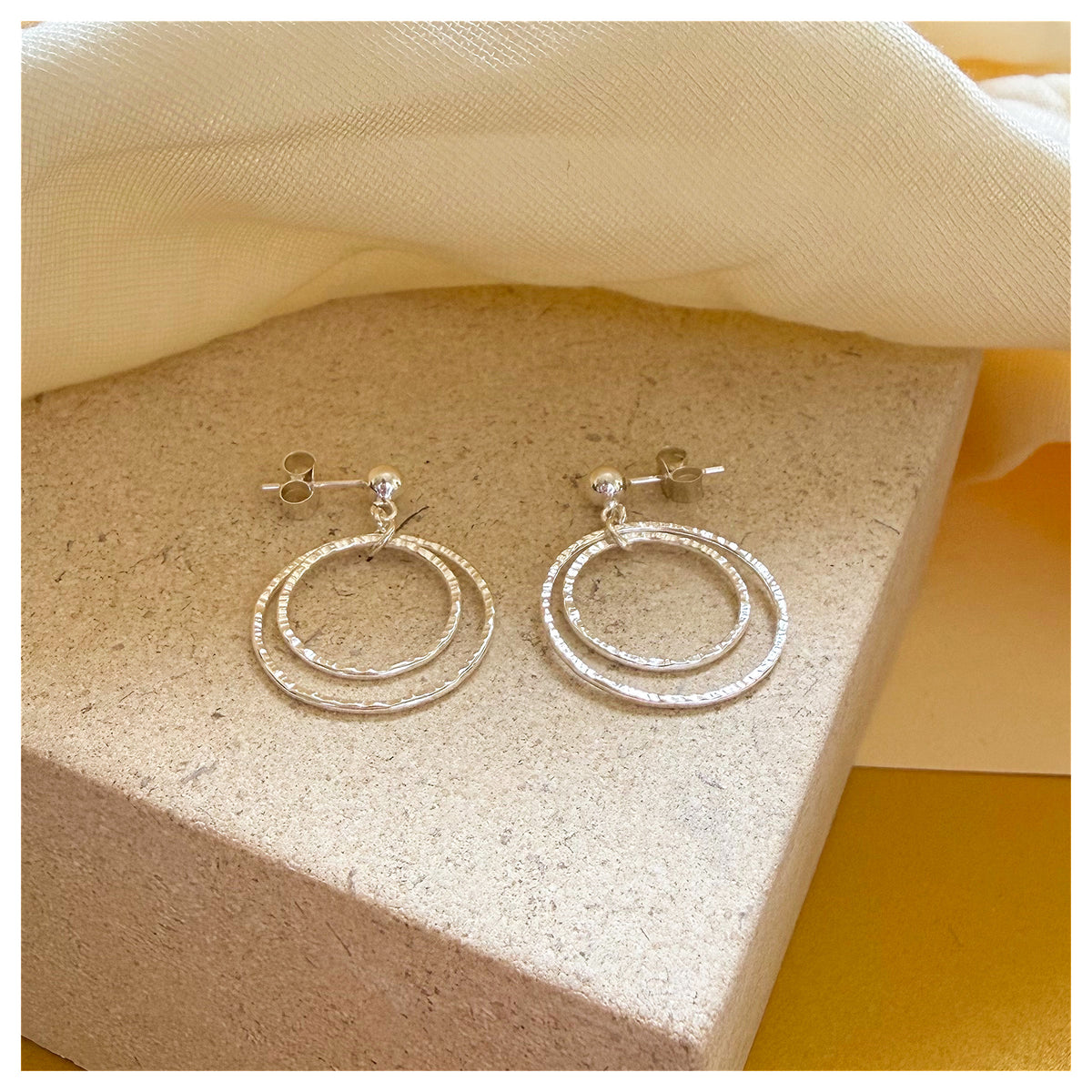 Sterling Silver Front Facing Double Circle drop Stud Earrings.