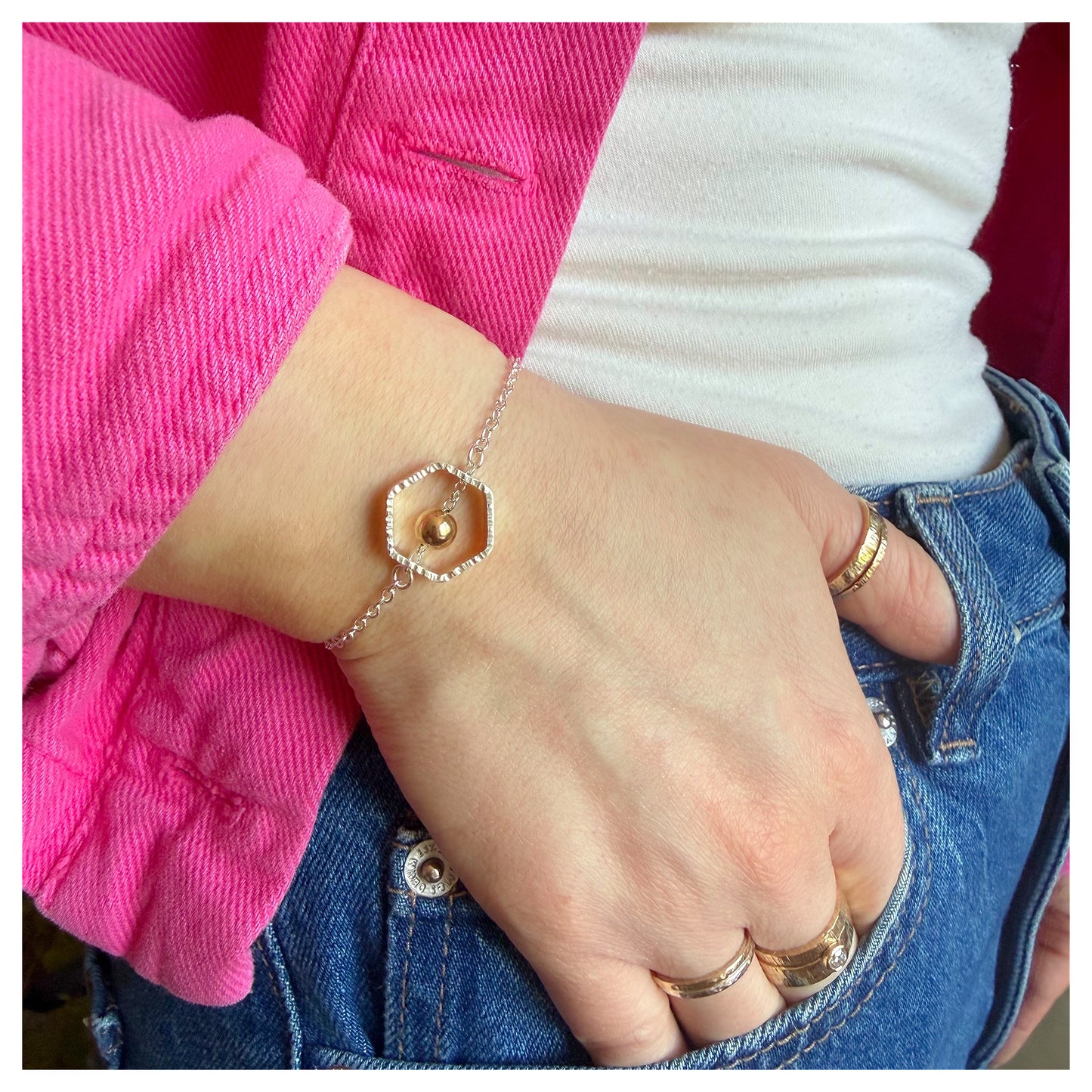 Sterling Silver and 9ct Yellow Gold Bead Mini Hexagon Bracelet.