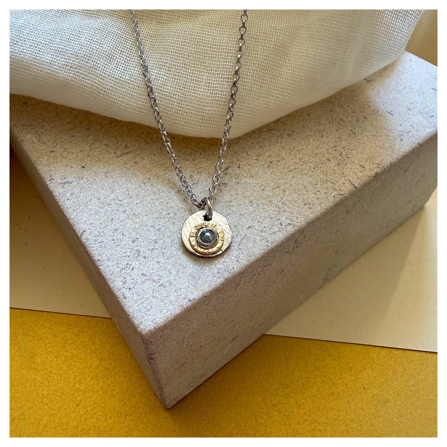 Sterling Silver, 9ct Yellow Gold Halo Rosecut Diamond Hammered Disc Pendant.