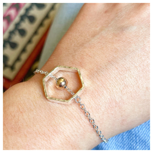9ct Yellow Gold and Sterling Silver Hexagonal Bracelet with Bead.