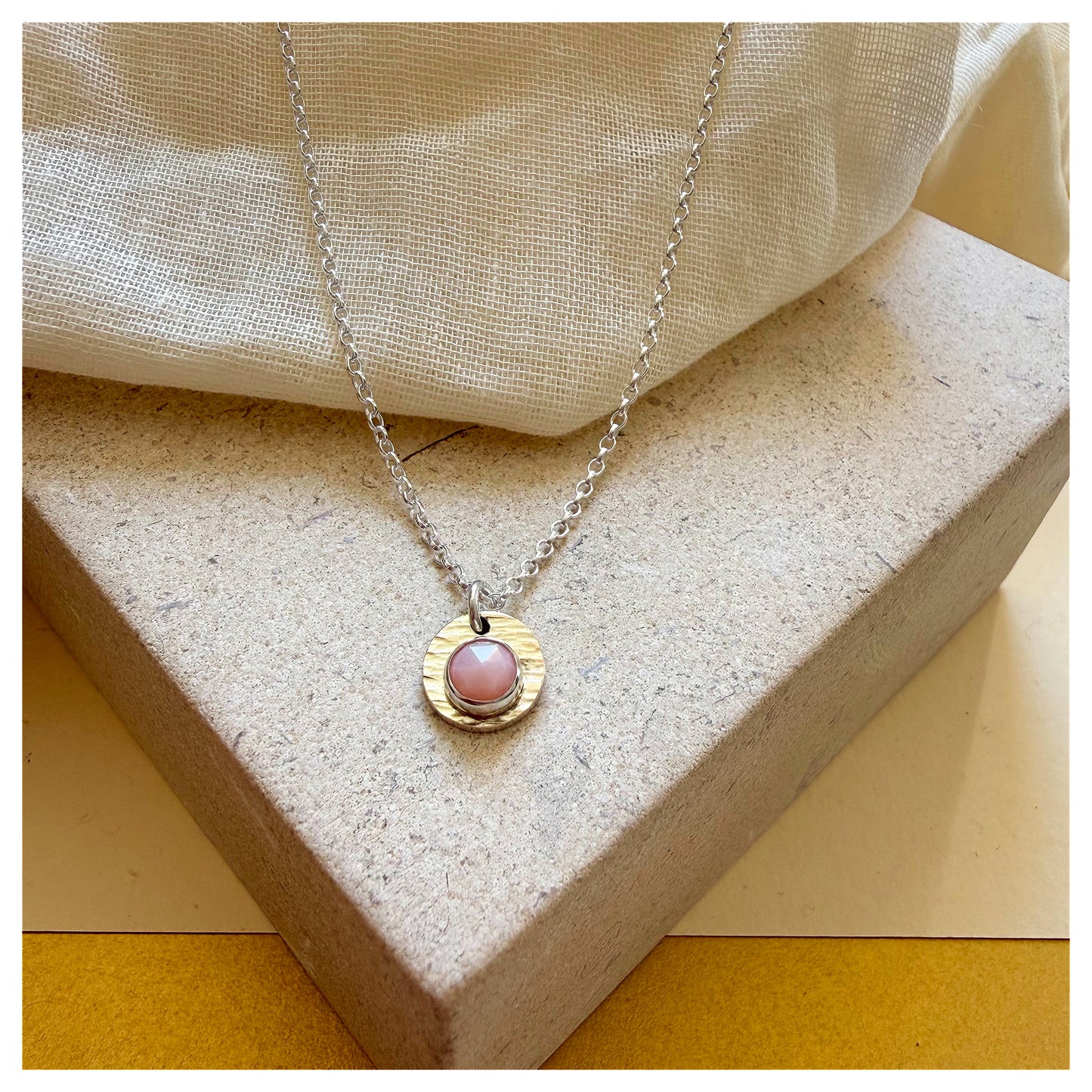 9ct Yellow Gold, Sterling Silver and Pink Opal Hammered Disc Pendant.