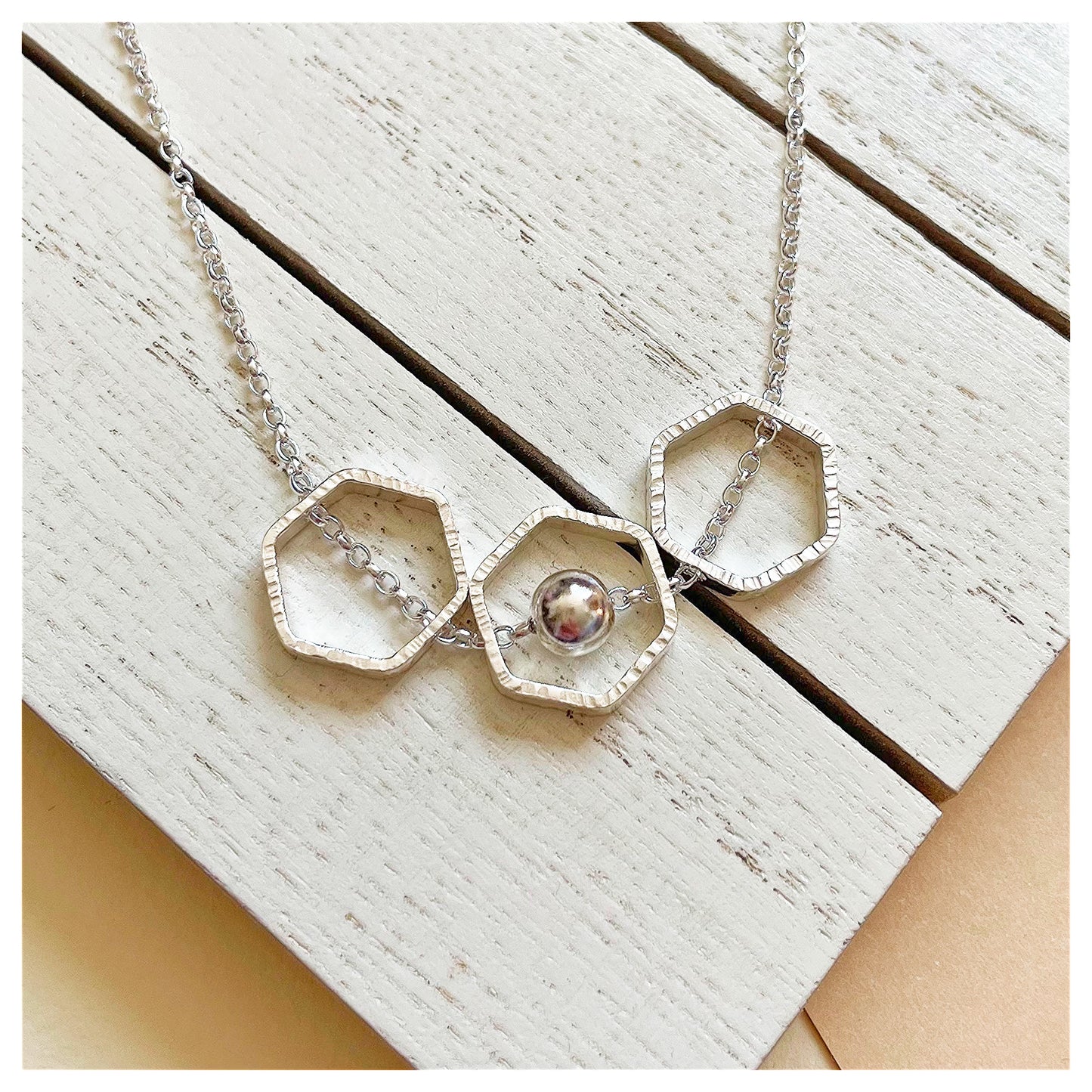 Sterling Silver Triple Hexagon Necklace with Bead.