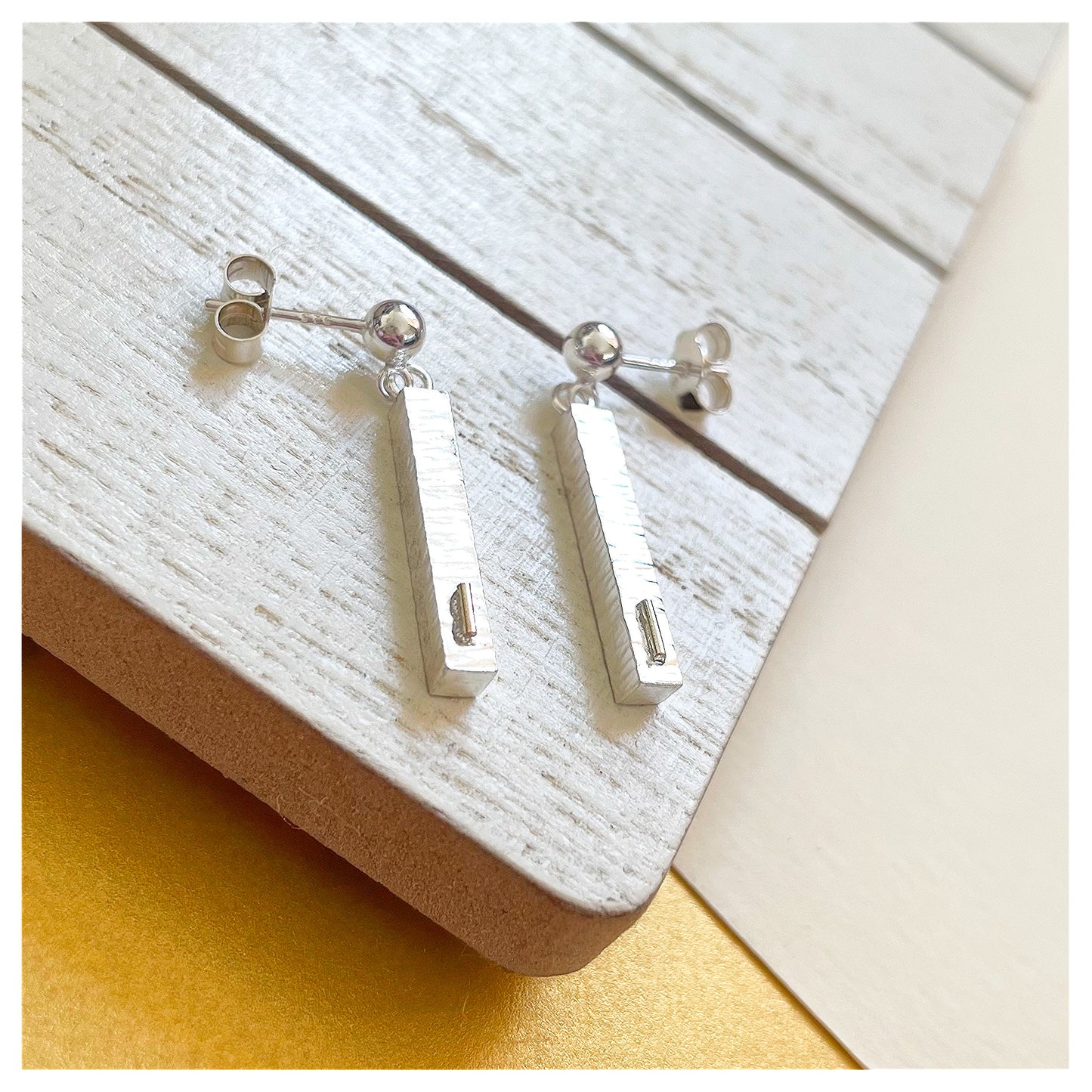 Sterling Silver and 9ct Gold Hammered Bar Drop Stud Earrings