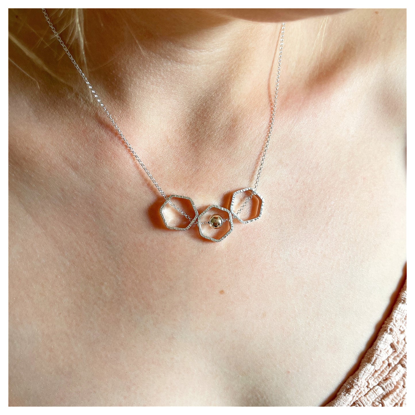 9ct Yellow Gold and Sterling Silver Triple Hexagon Necklace with Bead