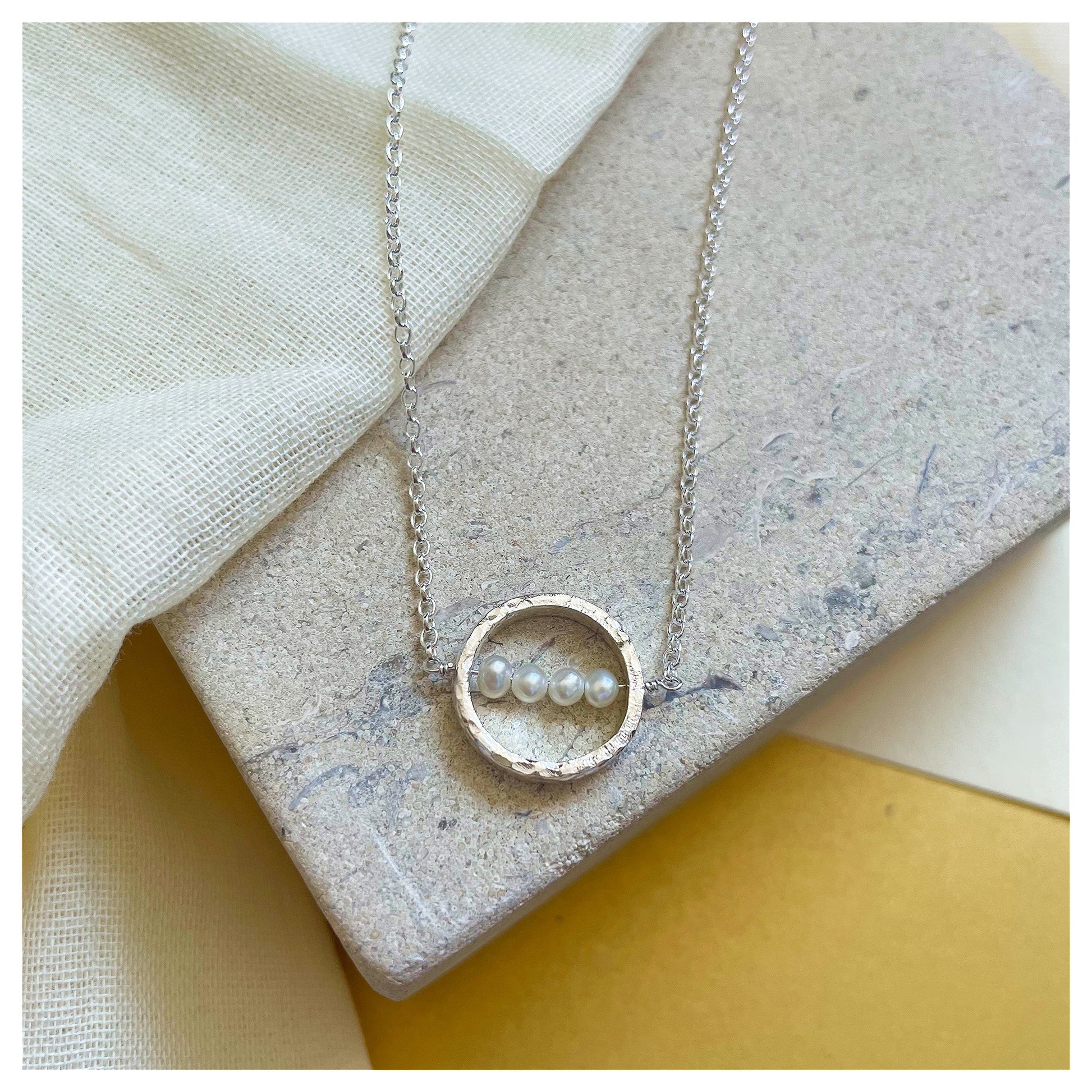 Sterling Silver Textured Circle Bar Pendant Necklace with Freshwater Pearls