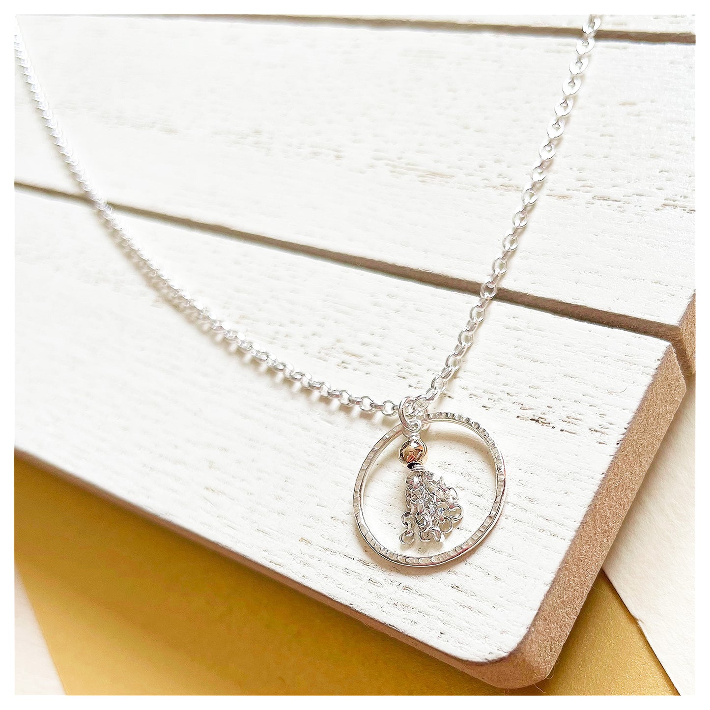 Mini 9ct Yellow Gold Hammered Circle and Sterling Silver Tassel Necklace