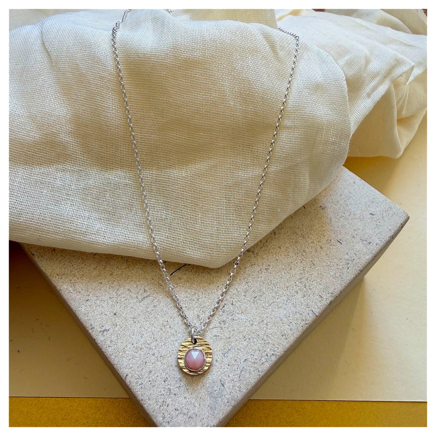 9ct Yellow Gold, Sterling Silver and Pink Opal Hammered Disc Pendant.