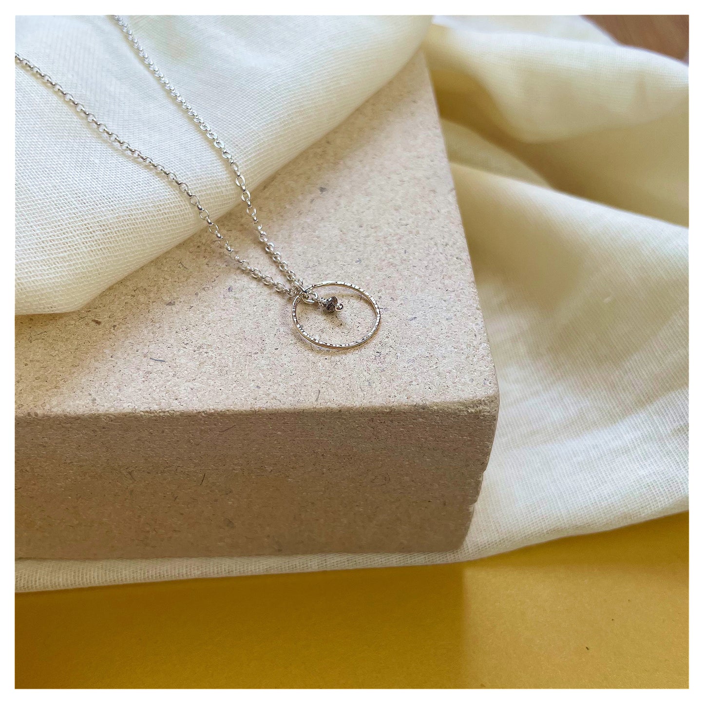 Mini 9ct Yellow Gold Hammered circle, Sterling Silver and Dark Grey Diamond Bead Necklace.