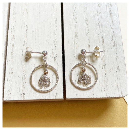 Mini Sterling Silver and 9ct Yellow Gold Hammered Circle and Tassel Drop Stud Earrings.