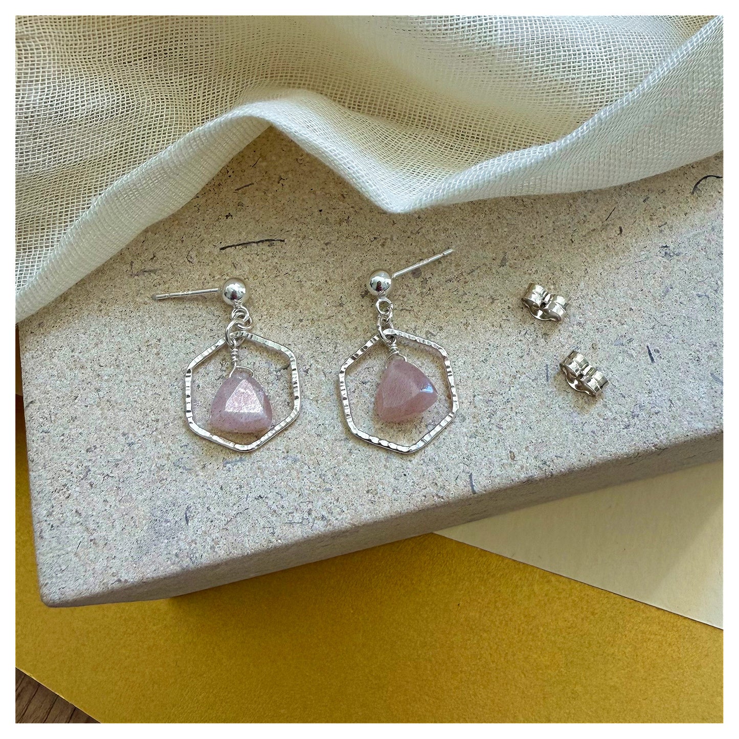 Sterling Silver Hammered Hexagonal Peach Moonstone Drop earrings.