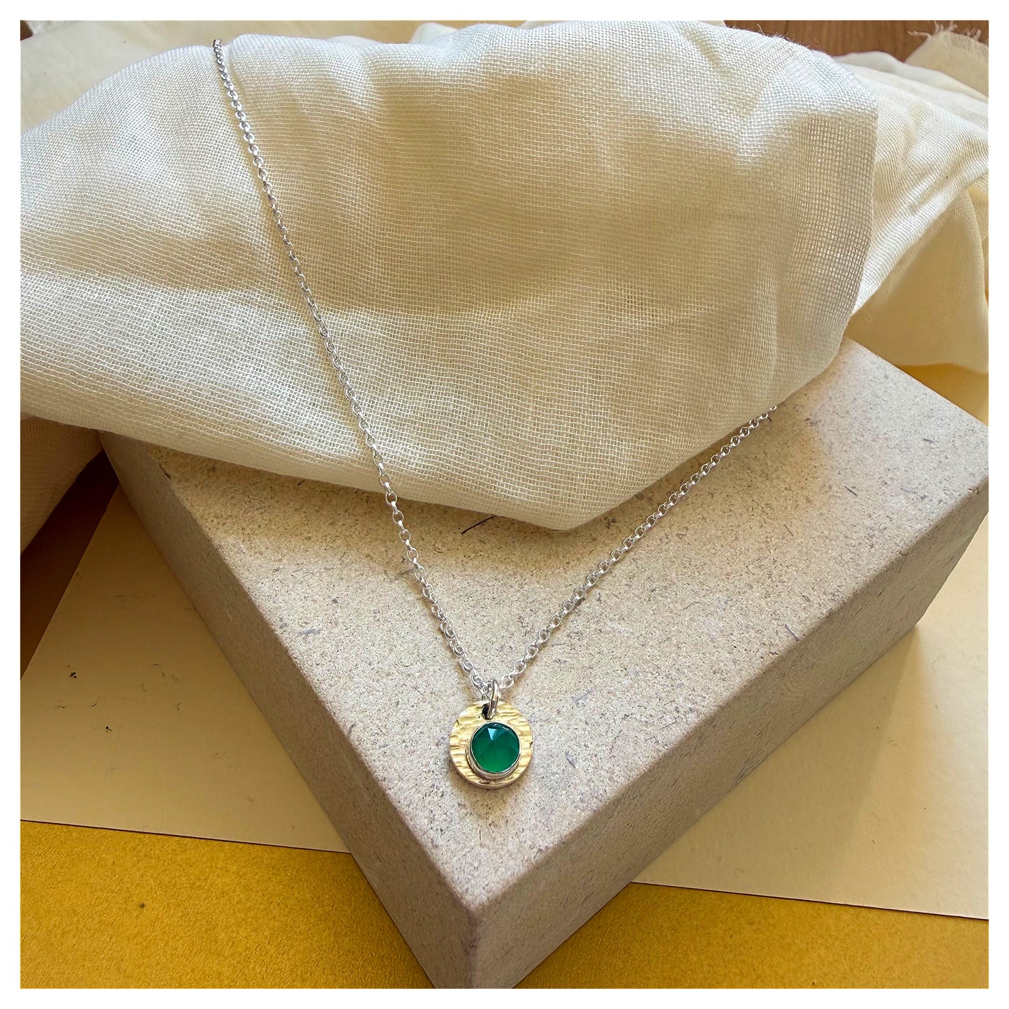 9ct Yellow Gold, Sterling Silver and Green Onyx Hammered Disc Pendant.