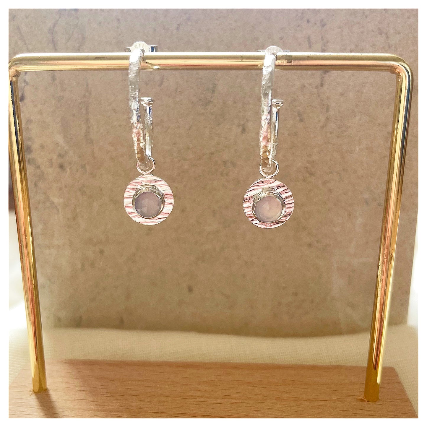 Sterling Silver Chunky Textured Chalcedony Gemstone Drop Hoop Earrings