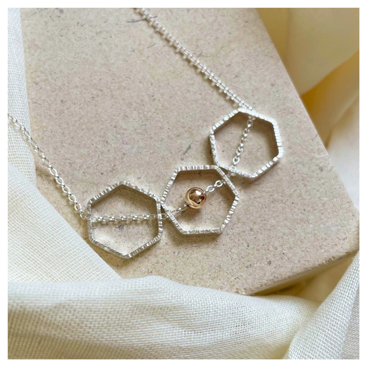 9ct Yellow Gold and Sterling Silver Triple Hexagon Necklace with Bead.