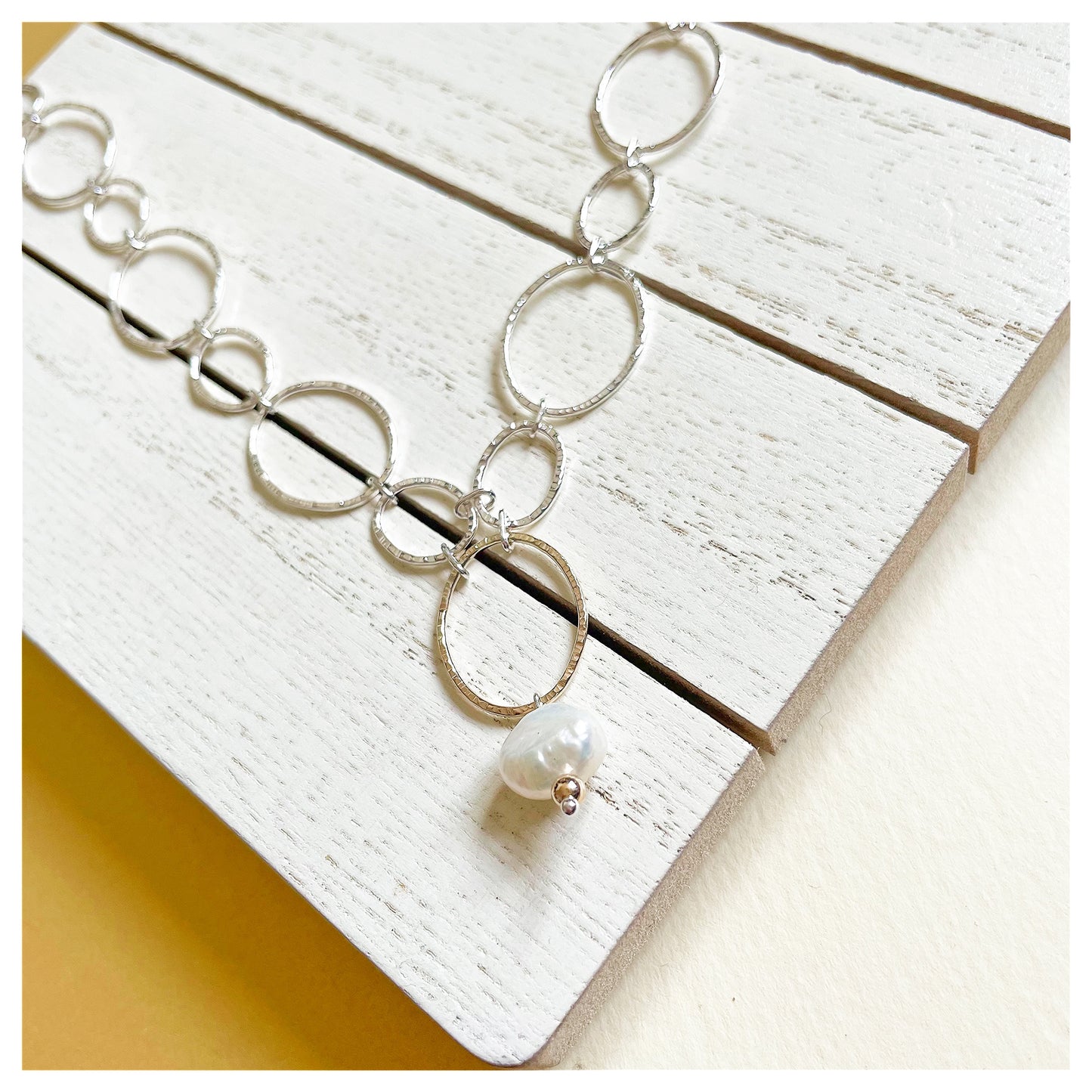 9ct Yellow Gold, Sterling Silver and Freshwater Pearl Oval Link Handmade Chain.