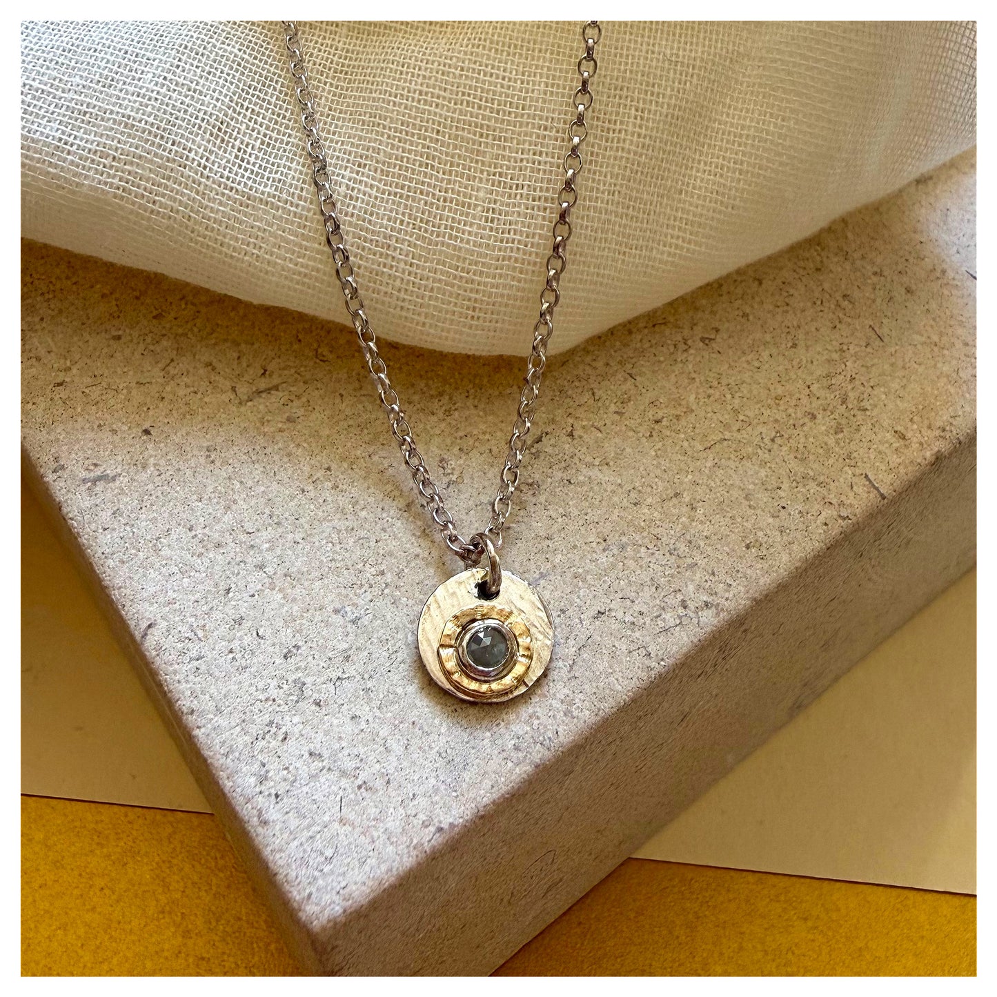 Sterling Silver, 9ct Yellow Gold Halo Rosecut Diamond Hammered Disc Pendant.