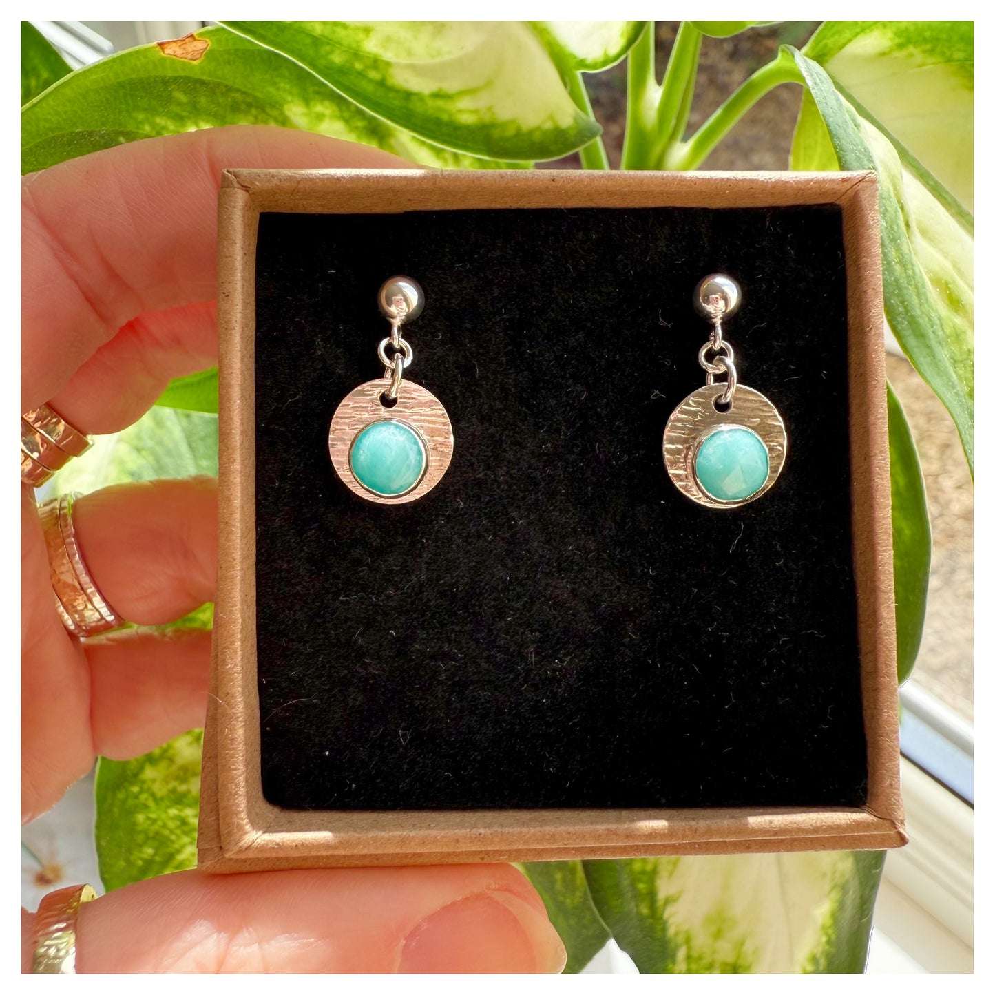 Sterling Silver Textured Amazonite Gemstone Drop  Earrings.