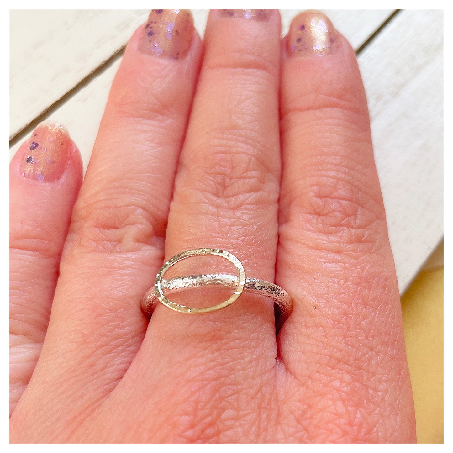 Sterling Silver Organic Ring With Large 9ct Yellow Gold Textured Oval Halo.