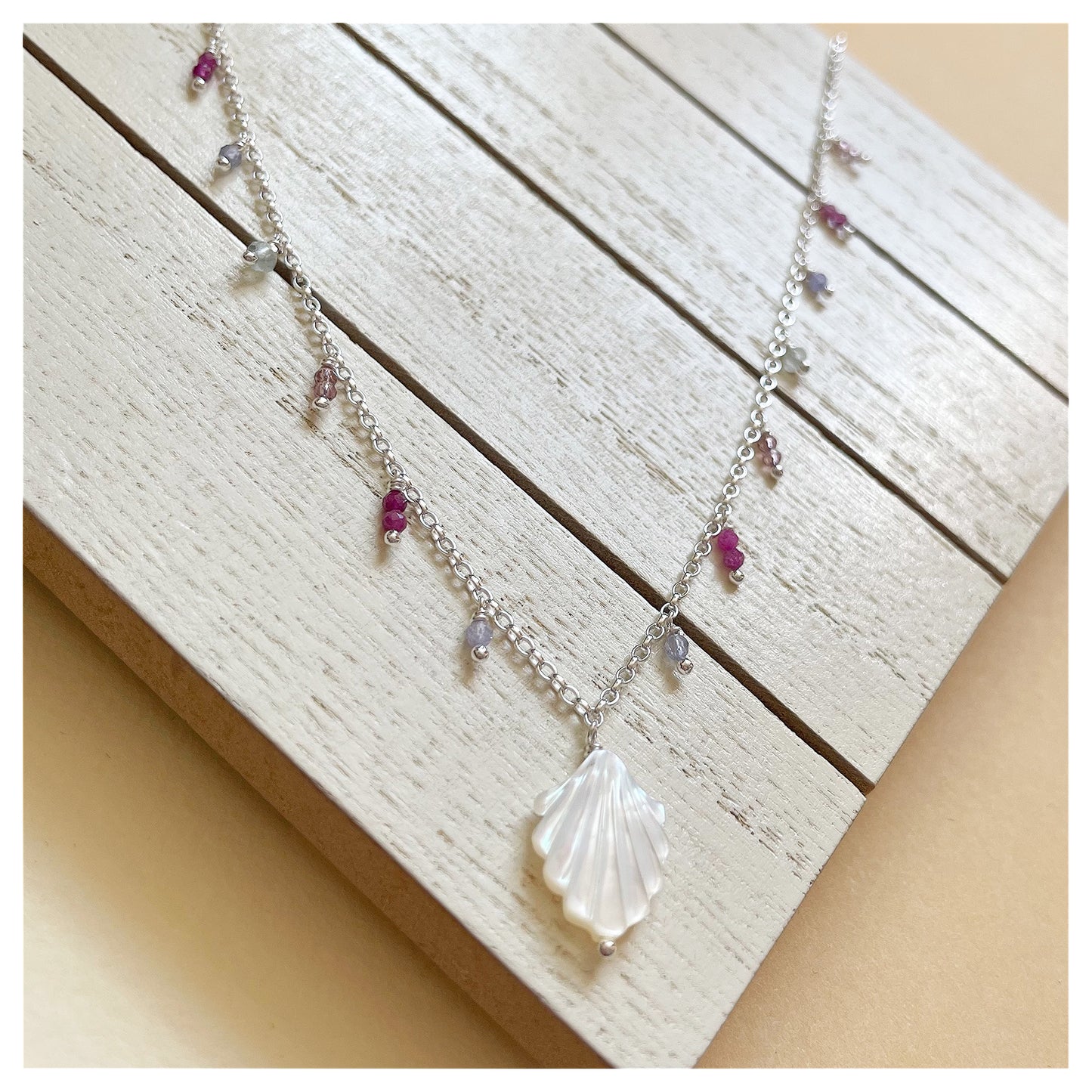 Sterling Silver, Mother of Pearl Shell and Gemstone Beaded Necklace. (1)