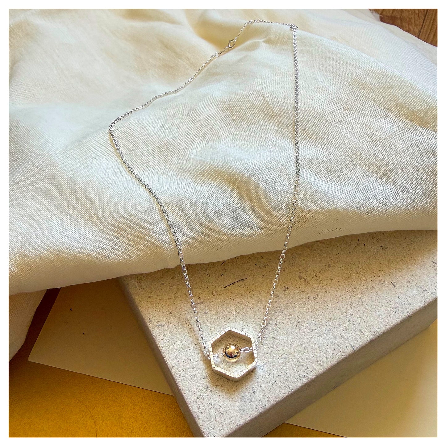9ct Yellow Gold and Sterling Silver Hexagon Necklace with Bead.