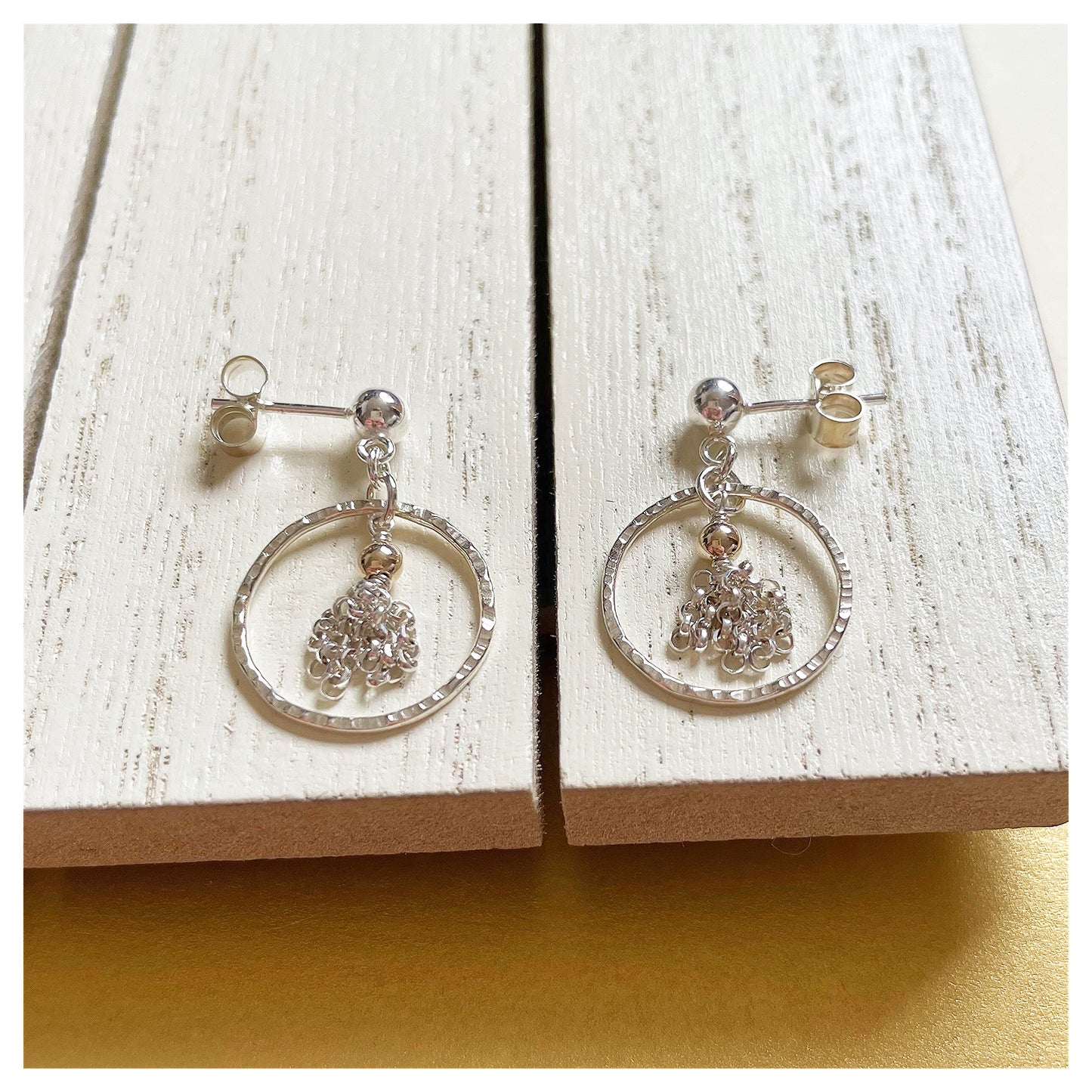 Mini Sterling Silver and 9ct Yellow Gold Hammered Circle and Tassel Drop Stud Earrings.