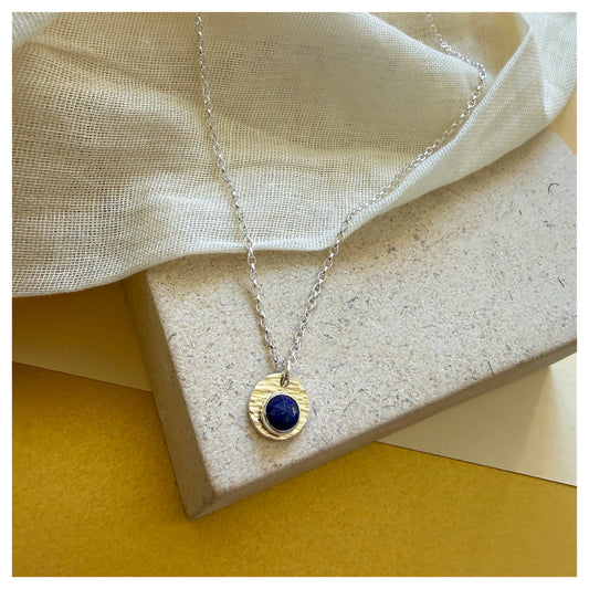 9ct Yellow Gold, Sterling Silver and Lapis Lazuli Hammered Disc Pendant.