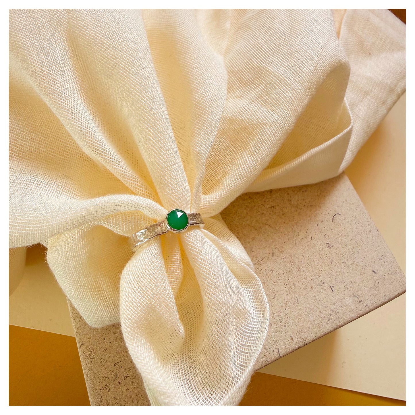 Sterling Silver and Chrysoprase Organic Textured Ring.