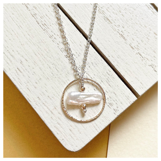 Medium 9ct Yellow Gold Hammered circle, Sterling Silver and pearl Necklace.