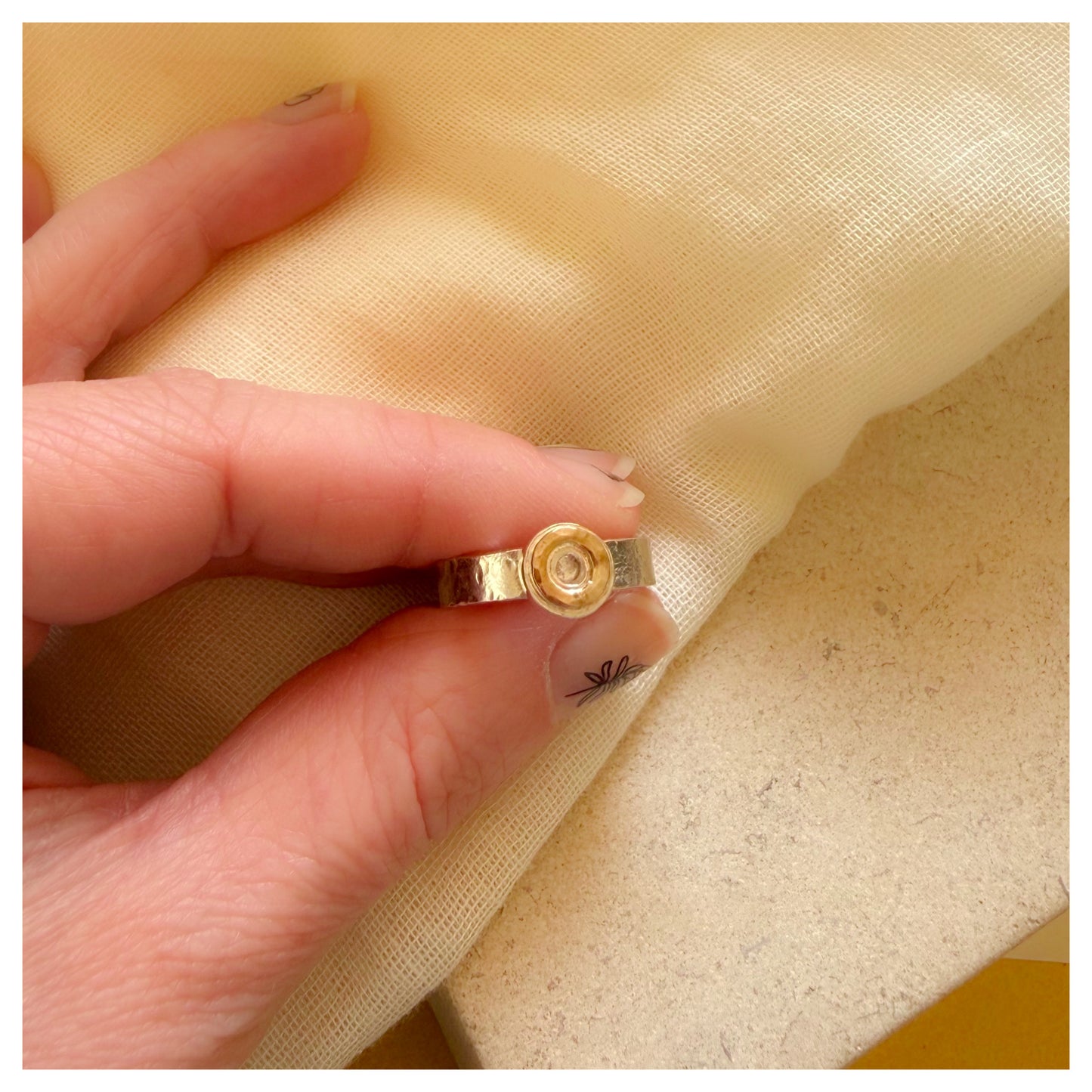 9ct Yellow Gold and Sterling Silver Textured Donut Ring. (2)