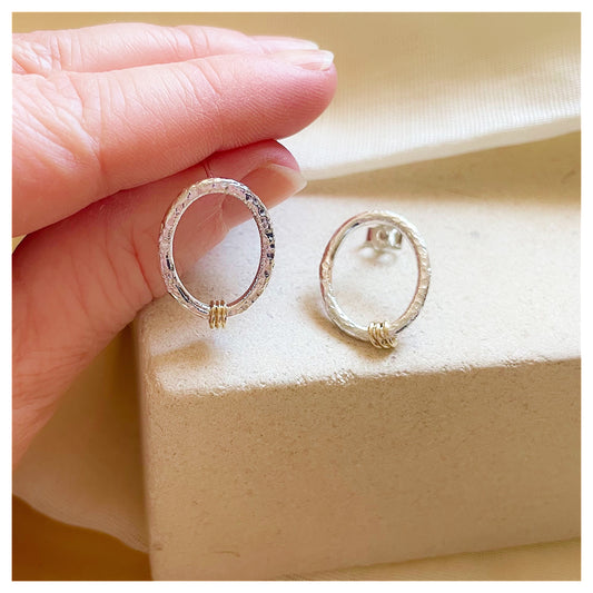 Sterling Silver and 9ct Yellow Gold Ring Organic Oval Stud Earrings