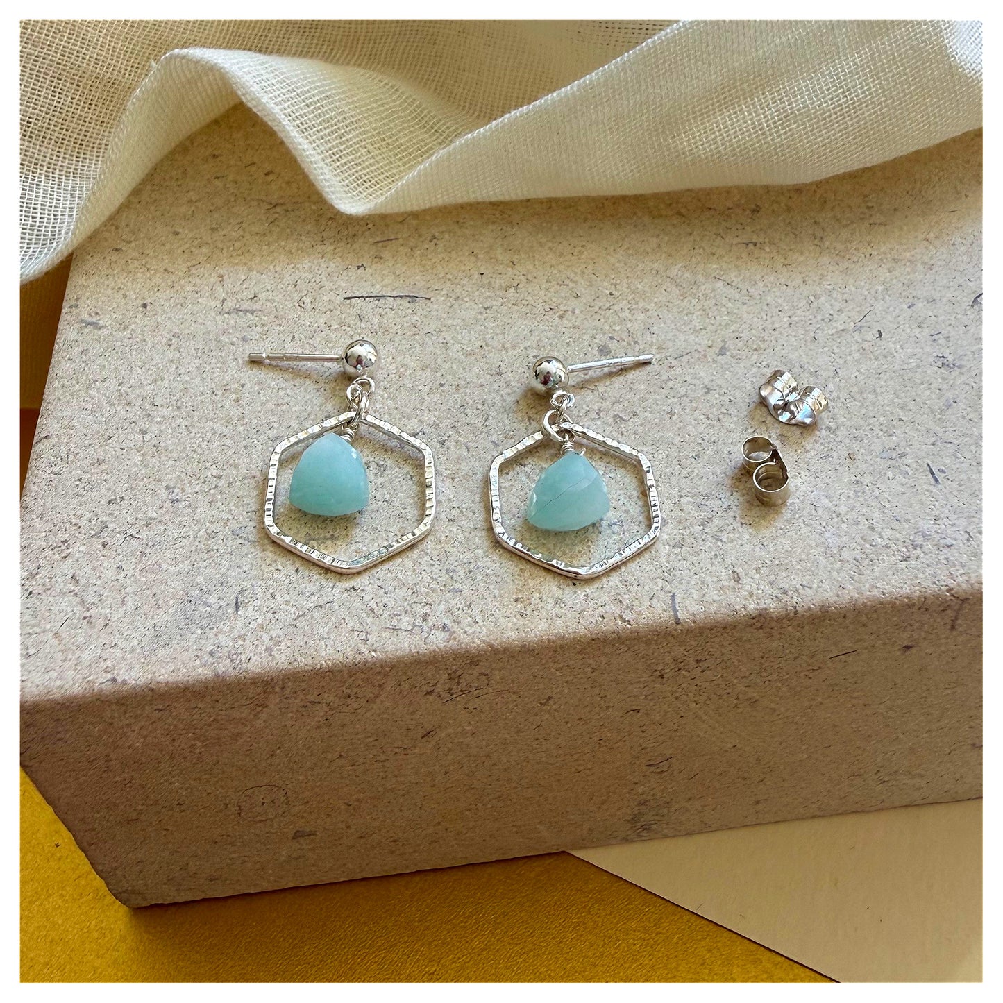Sterling Silver Hammered Hexagonal Amazonite Drop earrings.