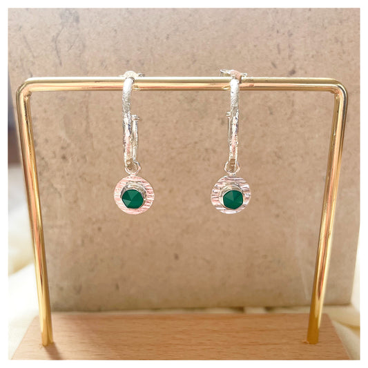 Sterling Silver Chunky Textured Green Onyx Gemstone Drop Hoop Earrings