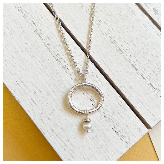 Sterling Silver, 9ct Yellow Gold and Freshwater Pearl Organic Oval Drop Pendant Necklace.