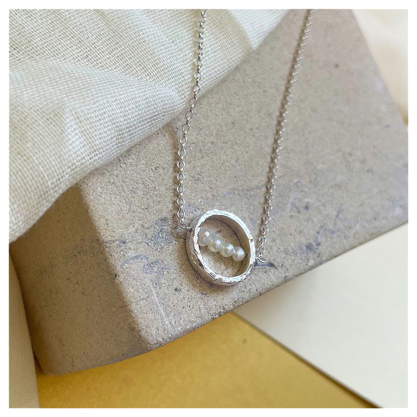 Sterling Silver Textured Circle Bar Pendant Necklace with Freshwater Pearls