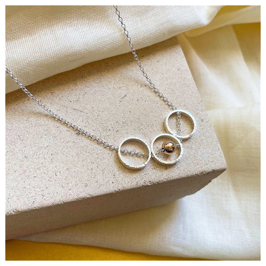 9ct Yellow Gold and Sterling Silver Mini Triple Circle and Bead Necklace