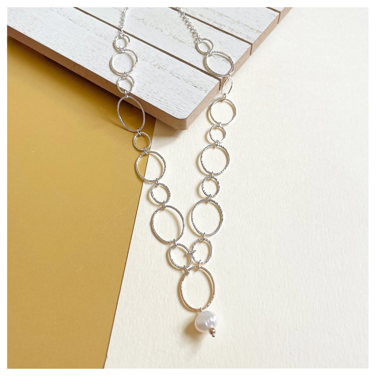 9ct Yellow Gold, Sterling Silver and Freshwater Pearl Oval Link Handmade Chain.