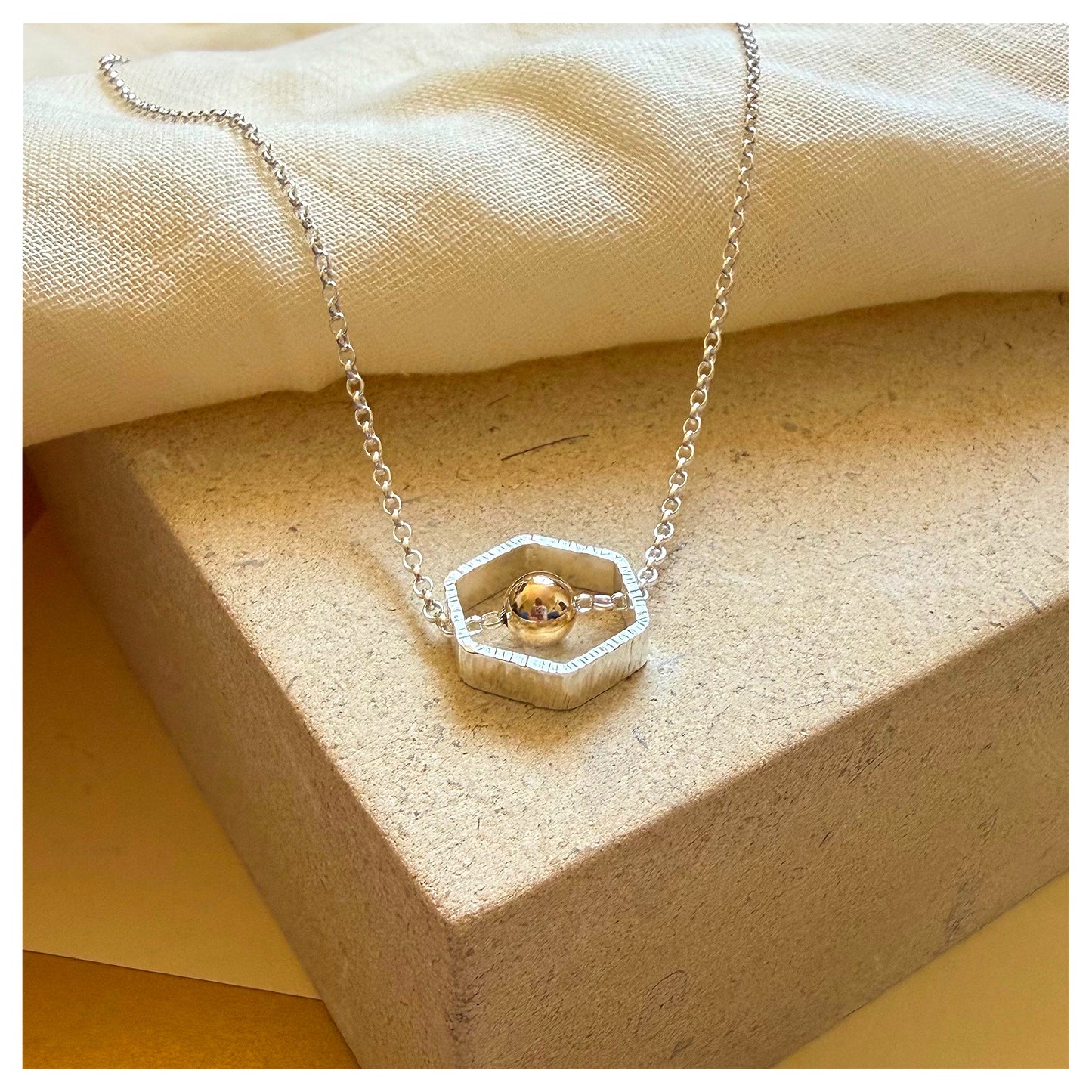 9ct Yellow Gold and Sterling Silver Hexagon Necklace with Bead.