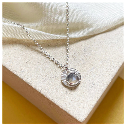 Sterling Silver and Grey Moonstone Hammered Disc Pendant.