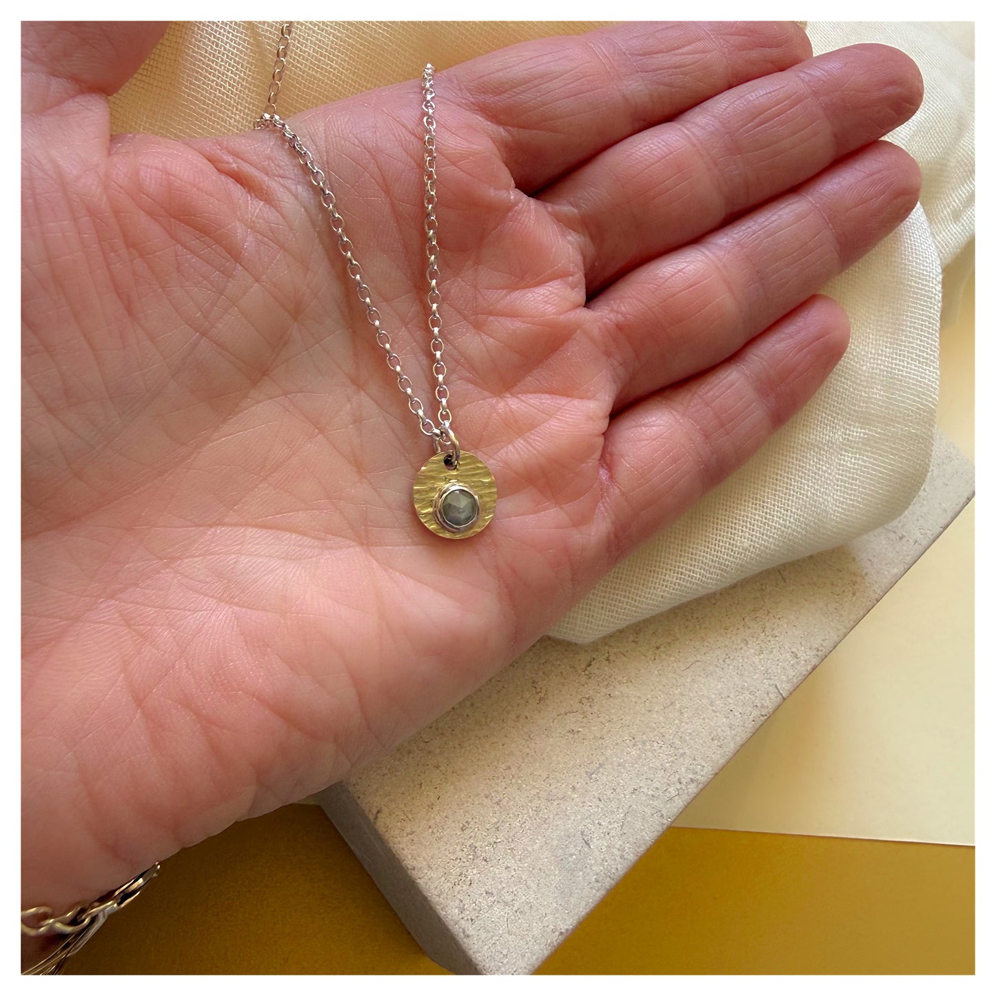 9ct Yellow Gold, Sterling Silver and Rosecut Diamond Hammered Disc Pendant.