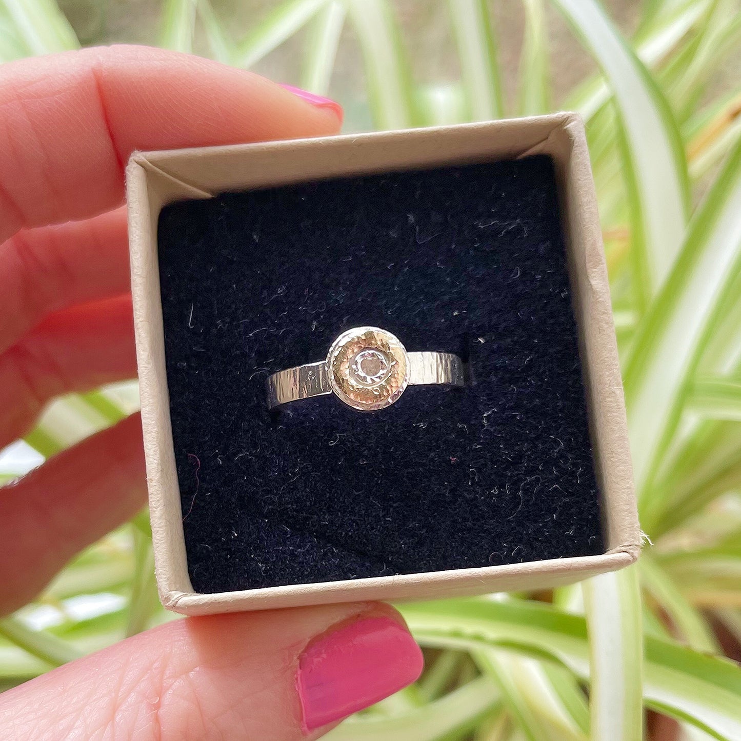 Sterling Silver Mini Hammered Donut Ring With 9ct Yellow Gold Halo.