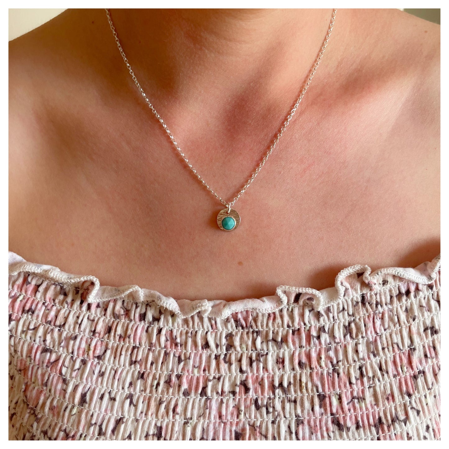 Sterling Silver and Turquoise Hammered Disc Pendant