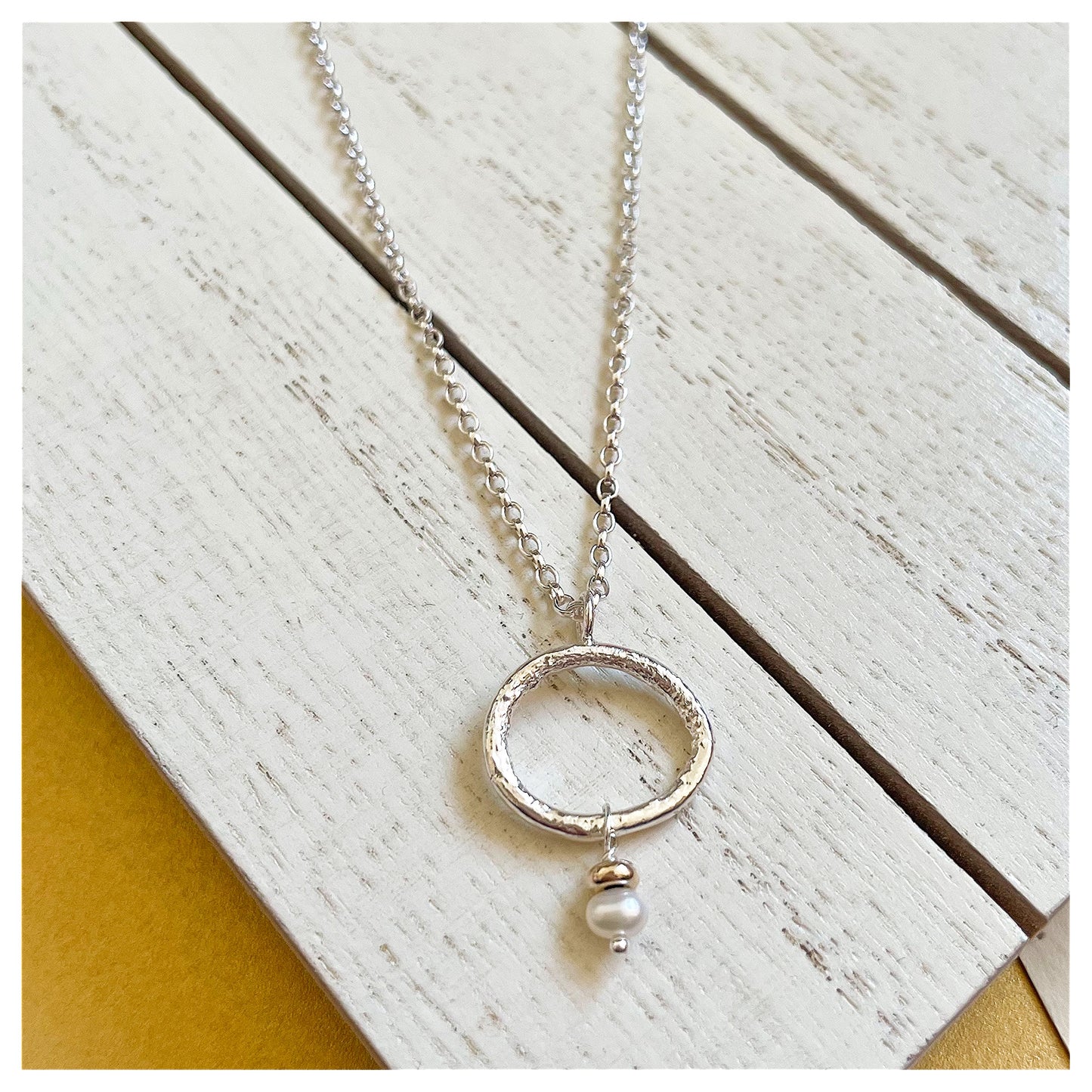 Sterling Silver, 9ct Yellow Gold and Freshwater Pearl Organic Oval Drop Pendant Necklace.