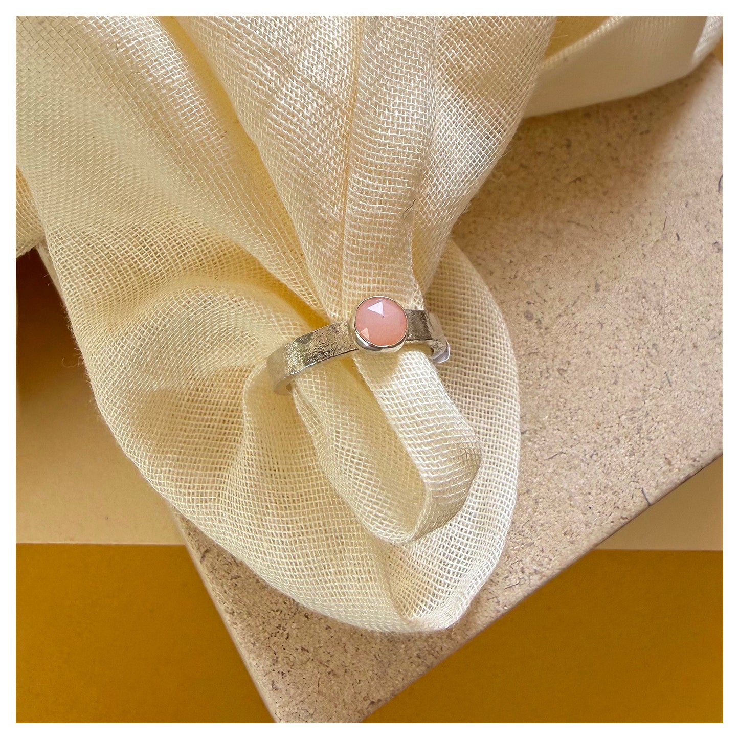 Sterling Silver and Pink Opal Organic Textured Ring.