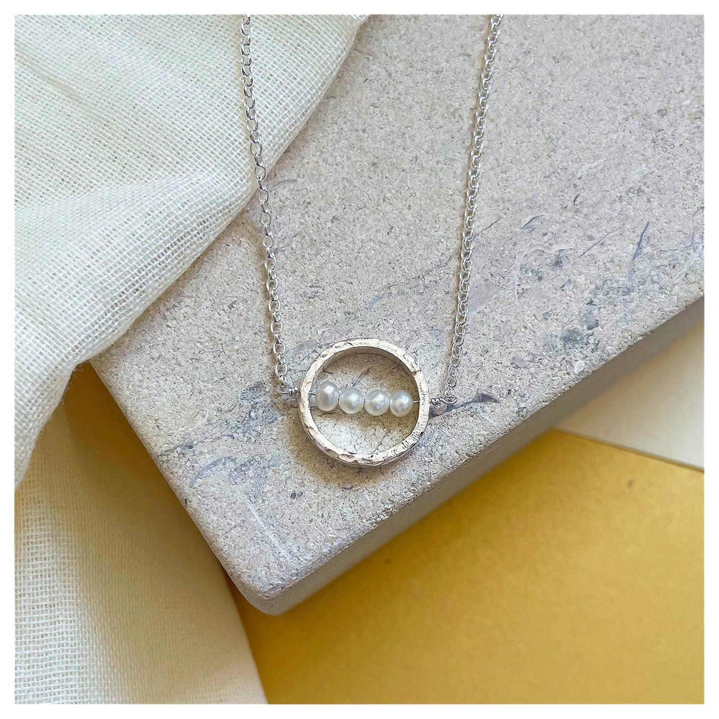 Sterling Silver Textured Circle Bar Pendant Necklace with Freshwater Pearls